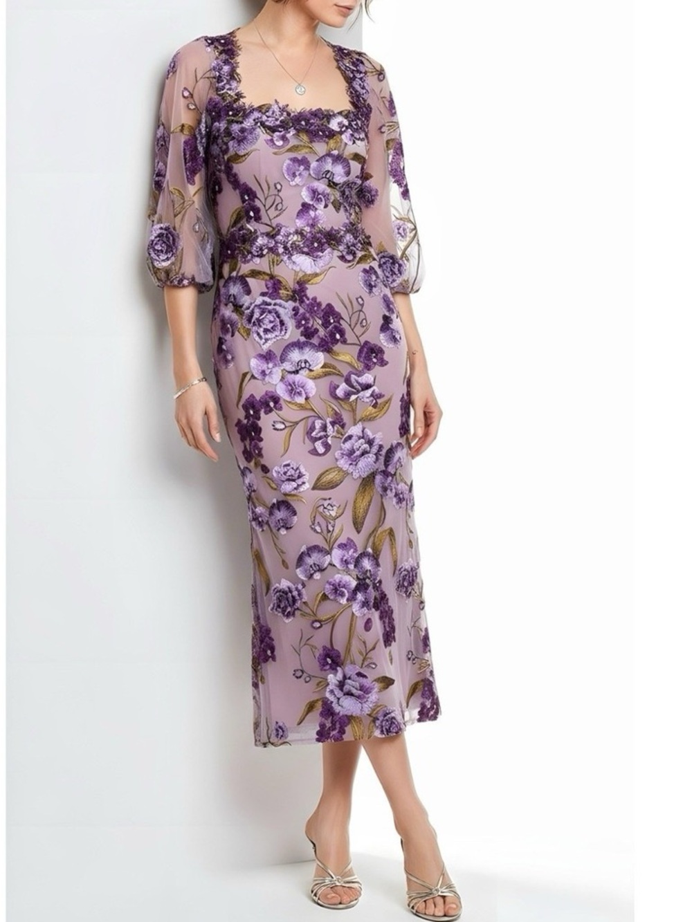 MARCHESA NOTTE Orchid & Rose Embroidered Tulle Cocktail Dress, Purple, 2 (US) - Picture 5 of 12